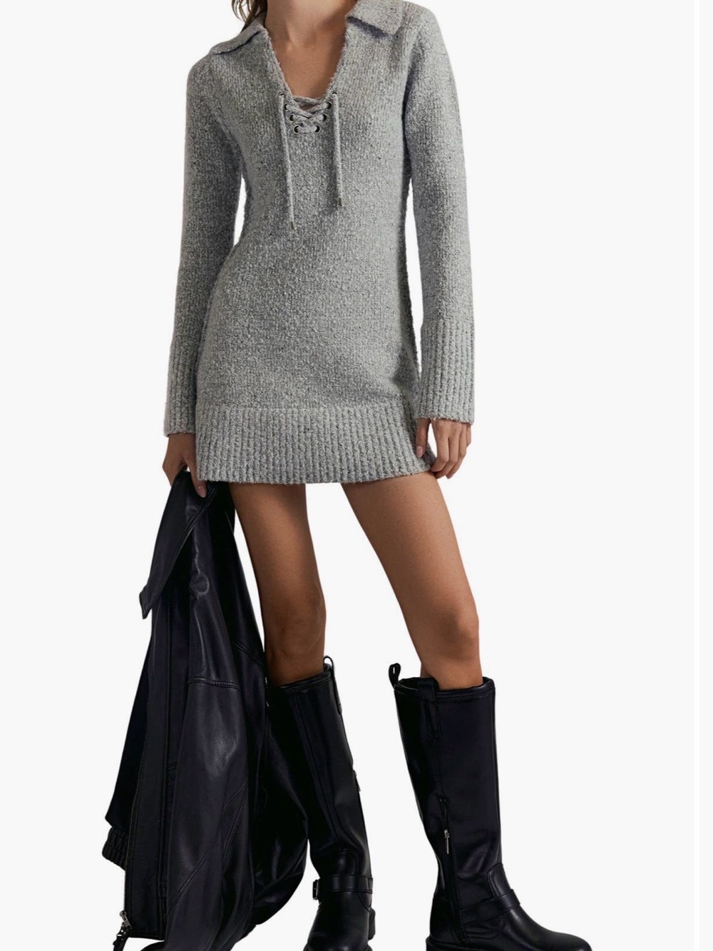 NWT Free People Size M Milena Long Sleeve Sweater Dress - Light Gray